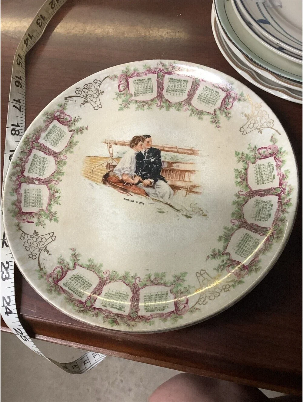 1910 Dresden China Advertising Calendar Plate Sailing Close